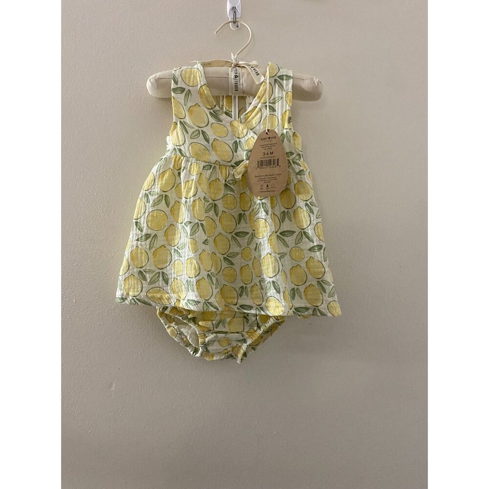 Rabbit & Bear Organic Baby Lemon Muslin Romper Dress Bloomers 3 6M NWT